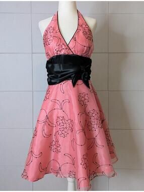 Vintage 80s-90s retro floral line drawing halter flare formal dress